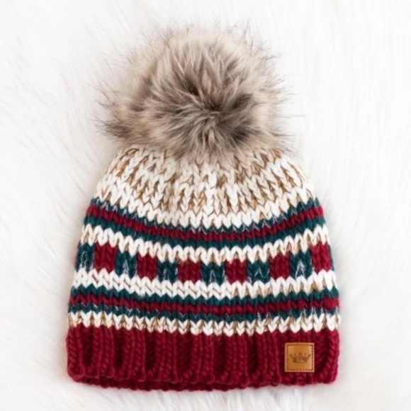 Multi Colored Holiday Beige Red Green Knit Faux Fur Pompom Beanie Winter Hat - Picture 1 of 5
